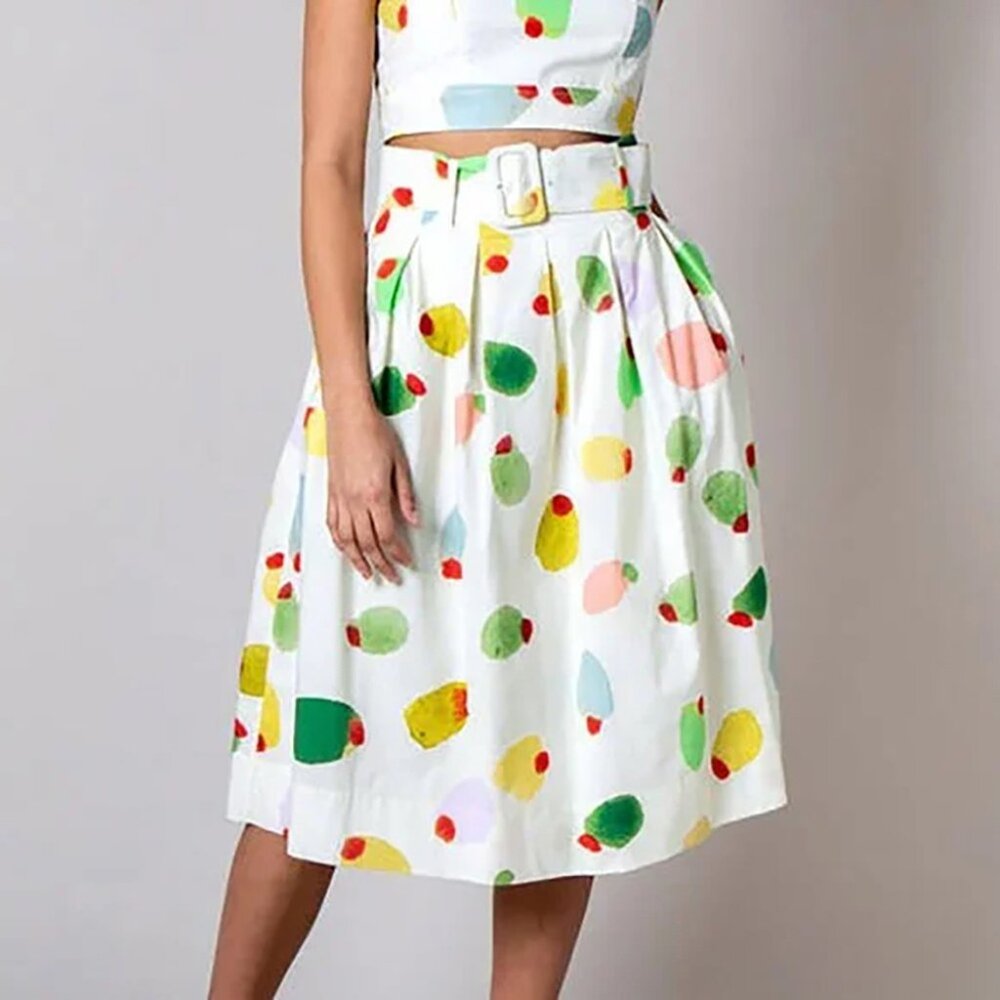 Rachel Antonoff Filthy Martini Olive Print Midi Vinnie Skirt Pleated Dots Belt M